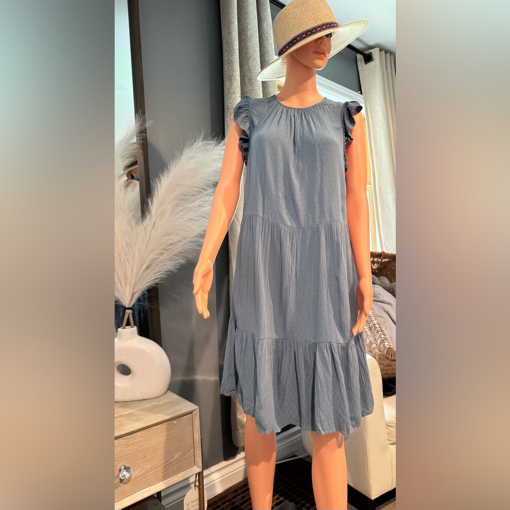 LOFT Blue‎ and Gray Sleeveless Tiered Midi Dress